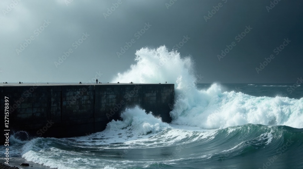 Obraz premium Ocean Waves Crashing Against a Coastal Wall in Dramatic Scene