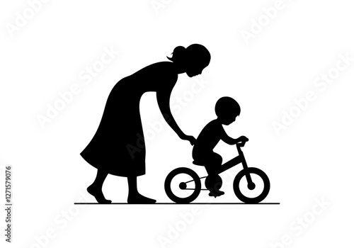 Mother Helping Child Learn to Ride a Balance Bike