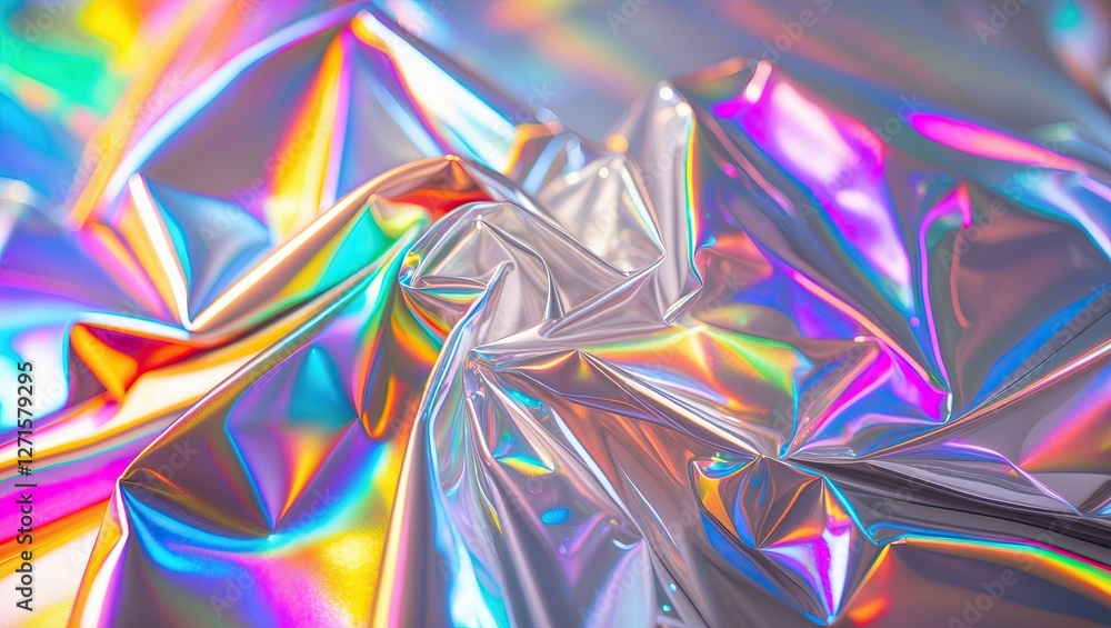 Close-up view of crumpled holographic foil creating vibrant colors and reflections Close-up view of crumpled holographic foil creating vibrant colors and reflections