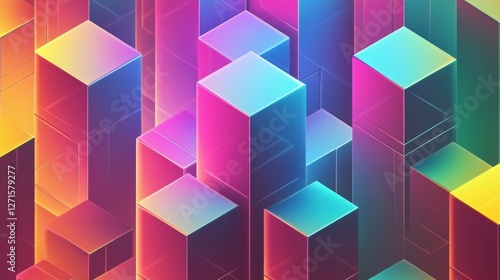 Geometric 3D cubes in a pattern with neon gradients and a clean, futuristic background.