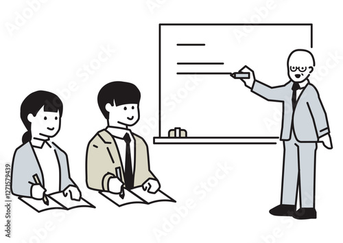 Illustration of a man explaining on a whiteboard and someone taking notes
