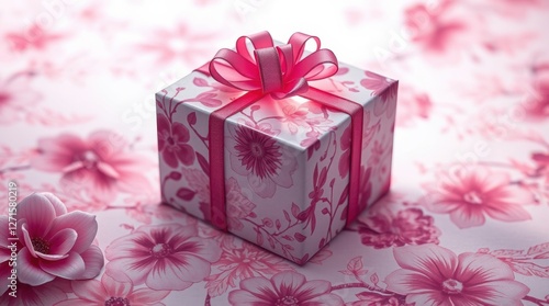 Floral Gift: A beautifully wrapped present with pink ribbon, set against a matching floral backdrop.