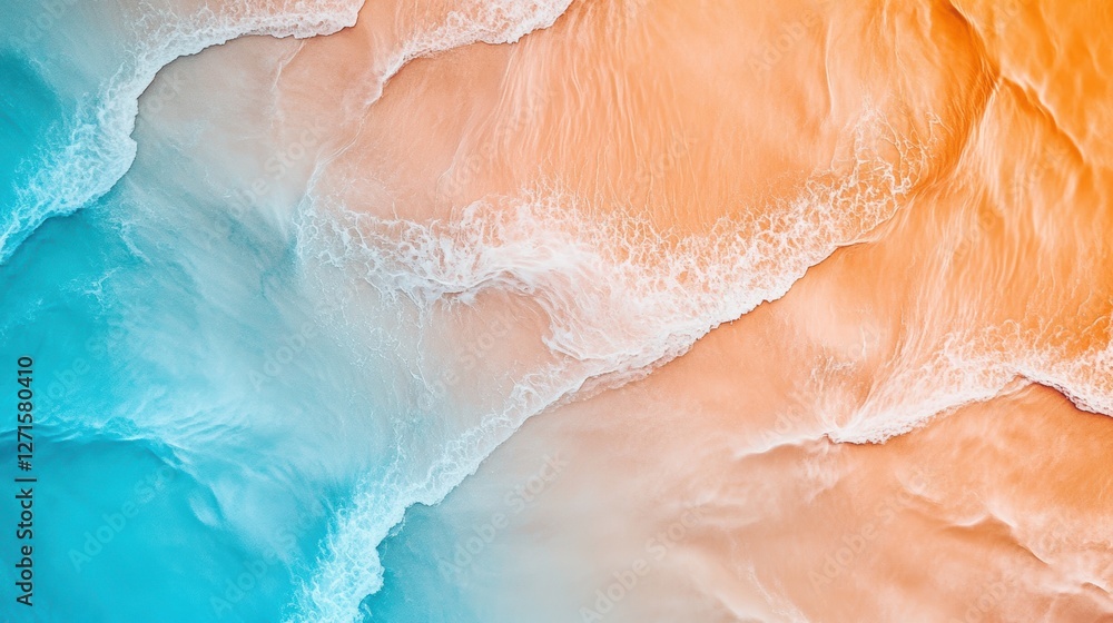 Fototapeta premium Beautiful ocean waves and sandy beach in stunning colors, aerial view of tranquil water, summer vacation, tropical paradise travel inspiration