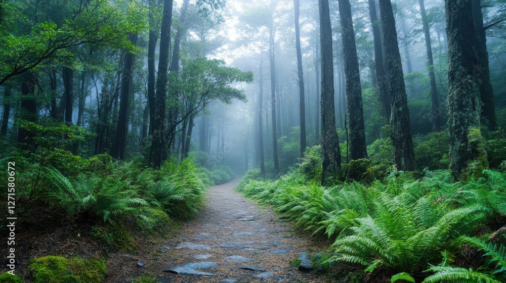Obraz premium A misty forest path surrounded by lush green ferns and towering trees, creating a serene atmosphere —ar 16:9 
