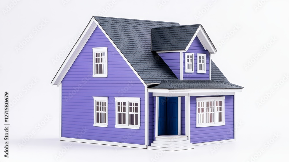 A charming purple model house with white trim, set against a clean, minimalist background A charming purple model house with white trim, set against a clean, minimalist background