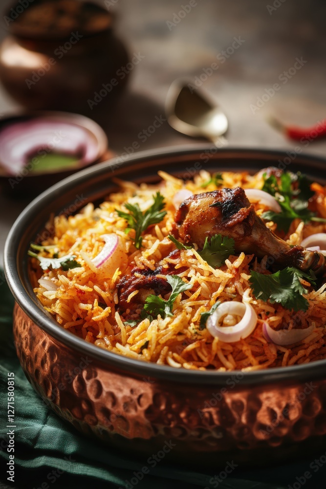 Biryani in Copper Pot with Chicken, Aromatic Spices, and Fresh Herbs - Traditional Indian Cuisine, Perfect for Food Lovers and Cultural Dishes Biryani in Copper Pot with Chicken, Aromatic Spices, and Fresh Herbs - Traditional Indian Cuisine, Perfect for Food Lovers and Cultural Dishes