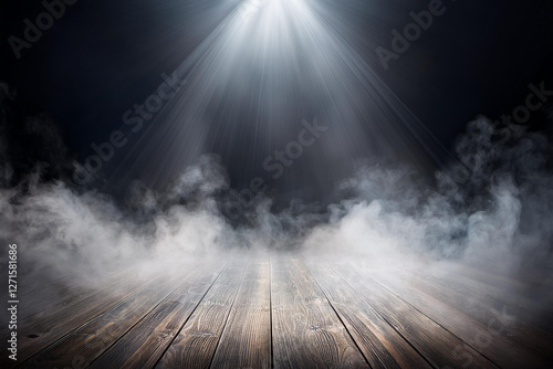 Mysterious and atmospheric scene with dark empty space, neon light, spotlights. Floor, studio room with smoke float, illuminated by spotlight creating dramatic interplay of light and shadows
