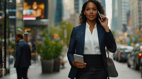 A businesswoman navigating a busy urban environment photo