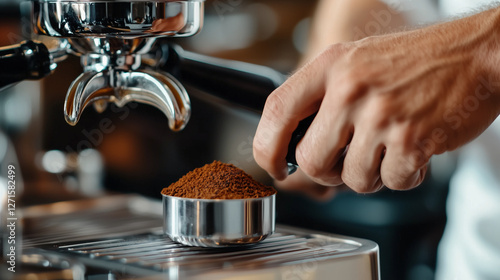 Skilled barista tamping coffee grounds in modern café photo