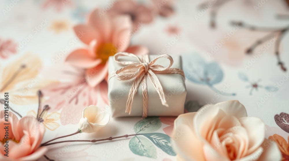 Gift box adorned with a delicate ribbon, amidst soft pastel flowers on a decorative surface. Tender touch. Gift box adorned with a delicate ribbon, amidst soft pastel flowers on a decorative surface. Tender touch.