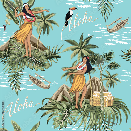 Hawaiian girls, toucan, palm tree, banana tree, island, boat seamless pattern blue background. Jungle wallpaper.