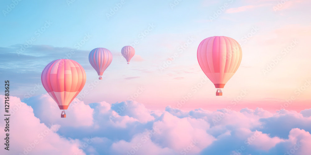 Serene sunrise with colorful hot air balloons floating above clouds in peaceful sky dreamy atmospheric landscape Serene sunrise with colorful hot air balloons floating above clouds in peaceful sky dreamy atmospheric landscape