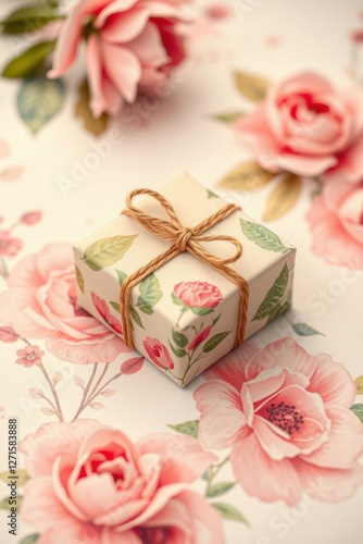 Floral Gift: A wrapped present sits amongst blooming roses, perfect for celebrations and special moments.