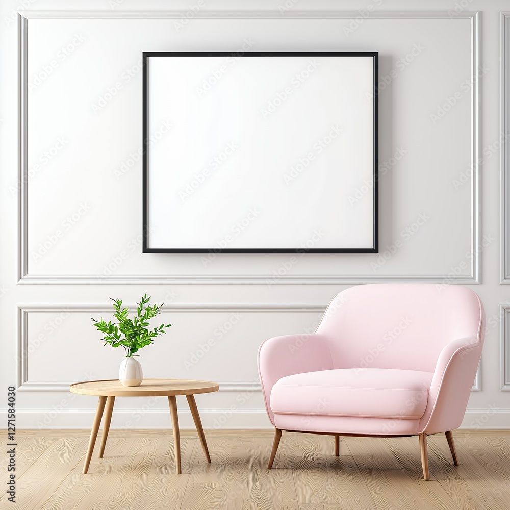 Minimalist White Room Interior with Pink Armchair and Blank Frame Minimalist White Room Interior with Pink Armchair and Blank Frame