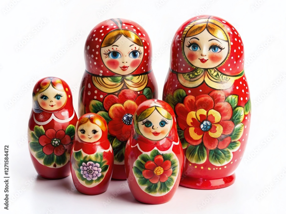 Aerial View of Red Russian Nesting Dolls on White Background - Drone Photography Aerial View of Red Russian Nesting Dolls on White Background - Drone Photography