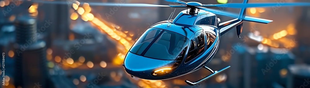 A sleek helicopter flying over a vibrant cityscape at dusk, showcasing modern urban life and aerial transportation.