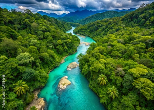 Aerial View of Rio Arazas, Colombia: Turquoise River Winding Through Lush Jungle photo