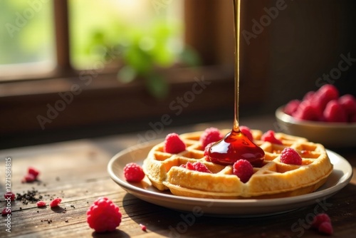 Golden Waffles Topped with Sweet Syrup and Fresh Raspberries on Rustic Wooden Table