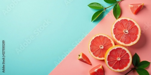 Vibrant Pink and Aqua Background Featuring Freshly Sliced Grapefruit Segments and Lush Green Leaves