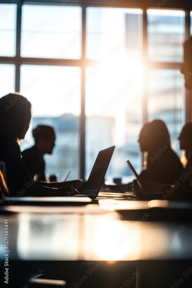 Business professionals collaborating in a modern office with laptops, silhouettes against bright window light during sunset, remote work dynamics Business professionals collaborating in a modern office with laptops, silhouettes against bright window light during sunset, remote work dynamics