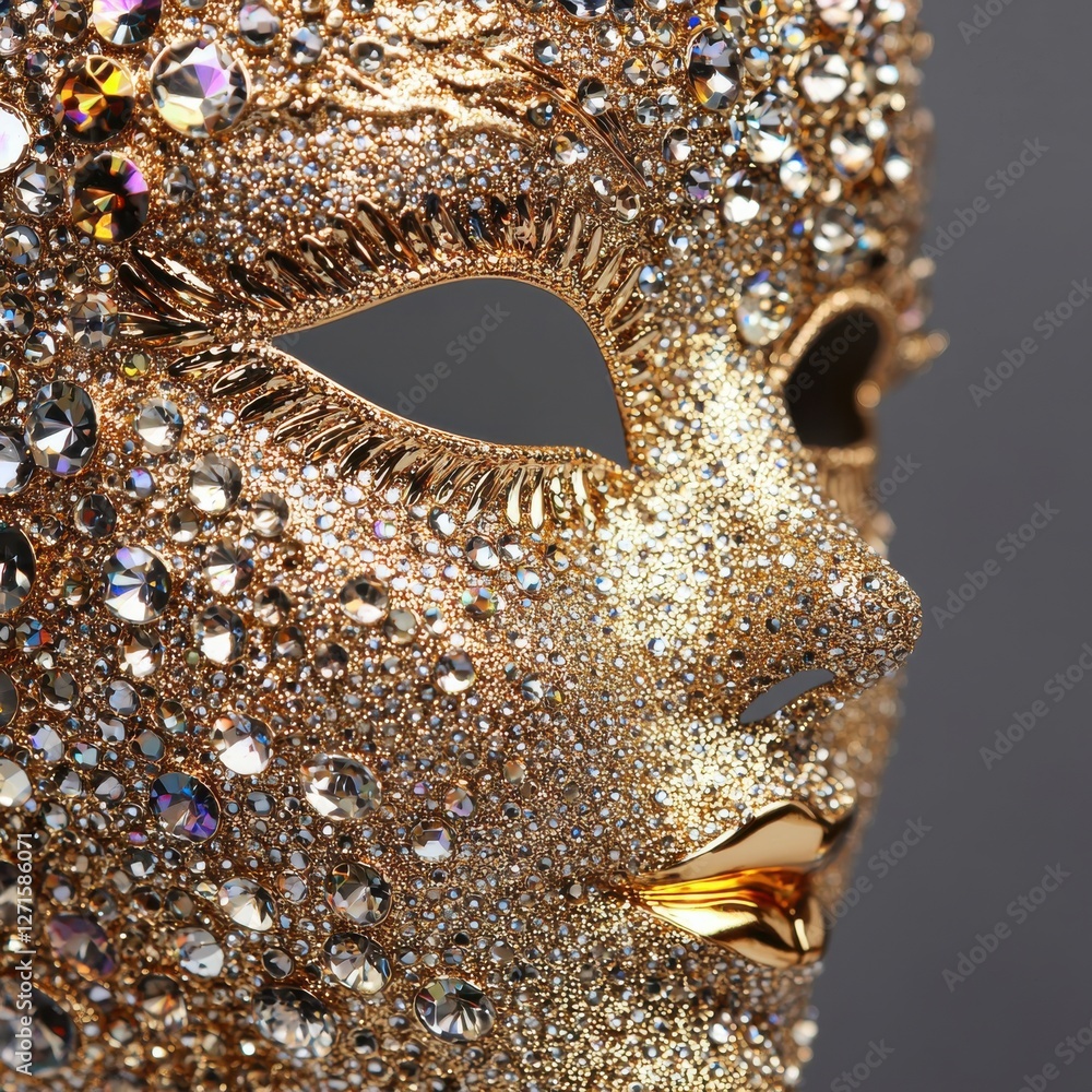Naklejka premium A stunning close-up of a sparkling golden masquerade mask adorned with jewels.