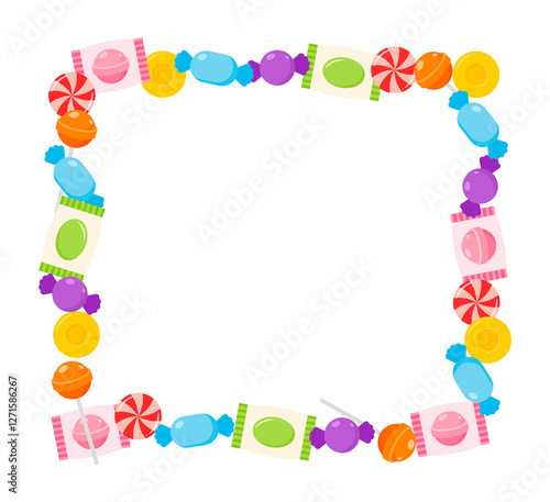 Colorful and varied candy and lollipop border frame background illustration.