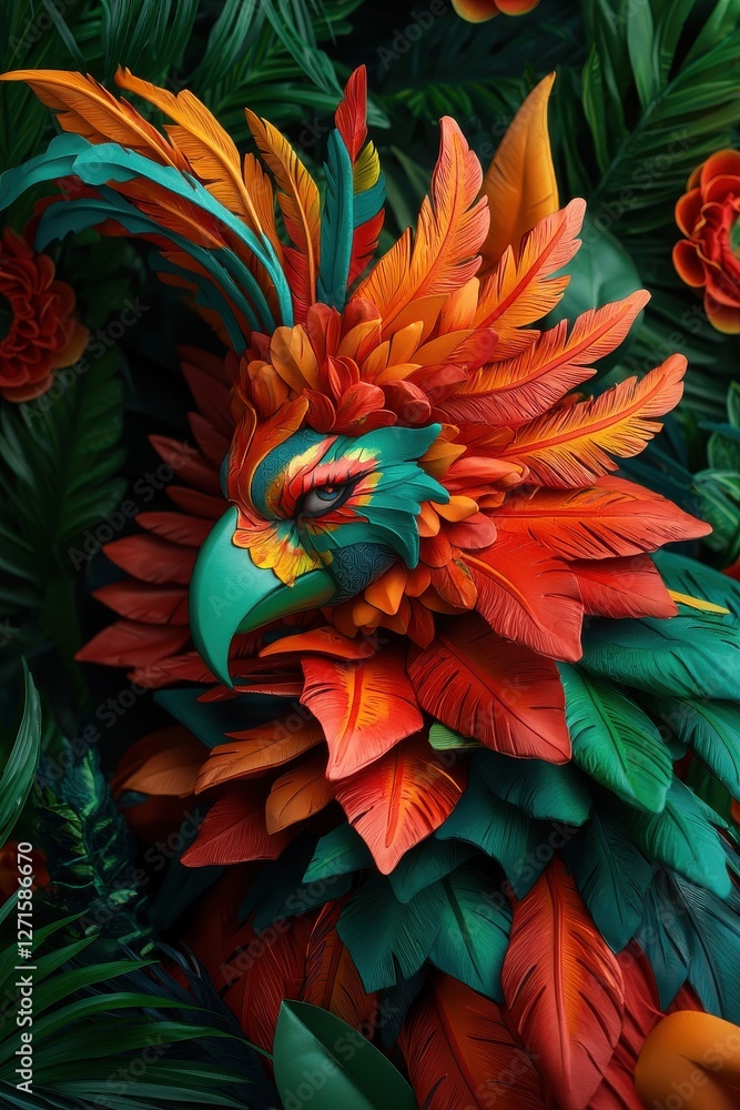 Obraz premium A vibrant and colorful bird sculpture surrounded by lush leaves and flowers.