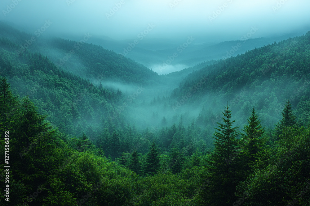 Obraz premium Ethereal Forest Canopy, A Misty Valley Vista in Emerald Hues
