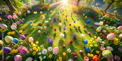 Aerial View of Spring Flower Meadow with Colorful Decorations - Happy Spring Greeting