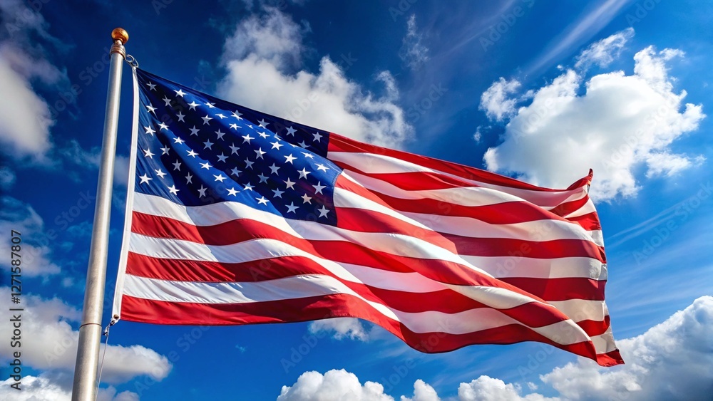 low angle view of stars and stripes on american flag against blue sky low angle view of stars and stripes on american flag against blue sky