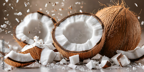 Fresh coconuts with cracked pieces and splashing coconut milk, symbolizing tropical refreshment, exotic flavor, and natural ingredient