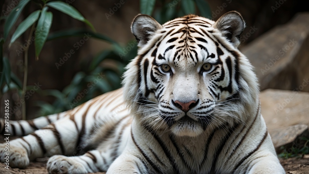 Close-up of a beautiful white tiger resting amidst lush green foliage, displaying striking blue eyes and distinct stripes Close-up of a beautiful white tiger resting amidst lush green foliage, displaying striking blue eyes and distinct stripes
