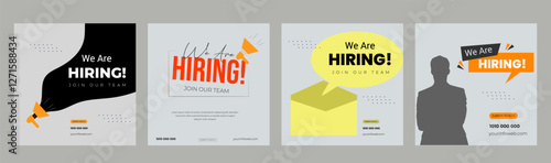 Join our team banners. We are hiring communication poster, help wanted advertising banner with speaker and vacant badge. Hr recruiting hire, vacancy job offer isolated vector signs set