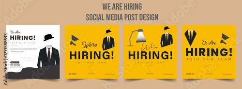 Join our team banners. We are hiring communication poster, help wanted advertising banner with speaker and vacant badge. Hr recruiting hire, vacancy job offer isolated vector signs set