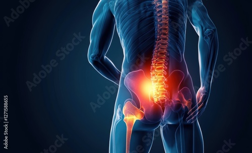 3D Medical Illustration of Human Spine with Glowing Pain Highlight in Lower Back and Pelvis