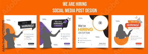 Join our team banners. We are hiring communication poster, help wanted advertising banner with speaker and vacant badge. Hr recruiting hire, vacancy job offer isolated vector signs set