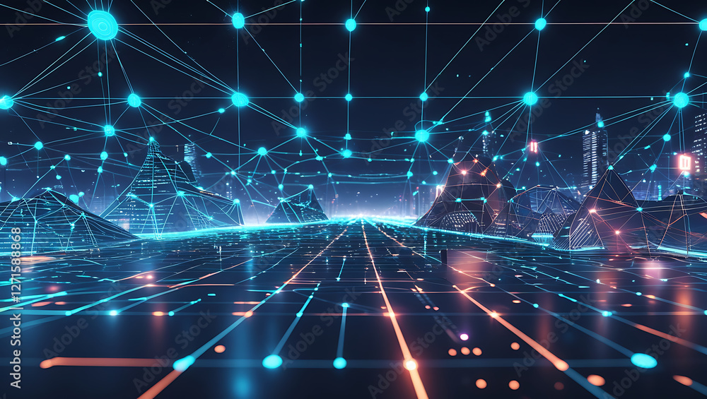 Futuristic Cityscape with Neon Grid, Glowing Nodes, and Cyberpunk Aesthetic – Abstract Digital Skyline in High-Tech Urban Landscape Futuristic Cityscape with Neon Grid, Glowing Nodes, and Cyberpunk Aesthetic – Abstract Digital Skyline in High-Tech Urban Landscape
