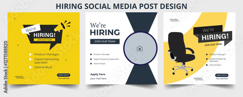 Join our team banners. We are hiring communication poster, help wanted advertising banner with speaker and vacant badge. Hr recruiting hire, vacancy job offer isolated vector signs set