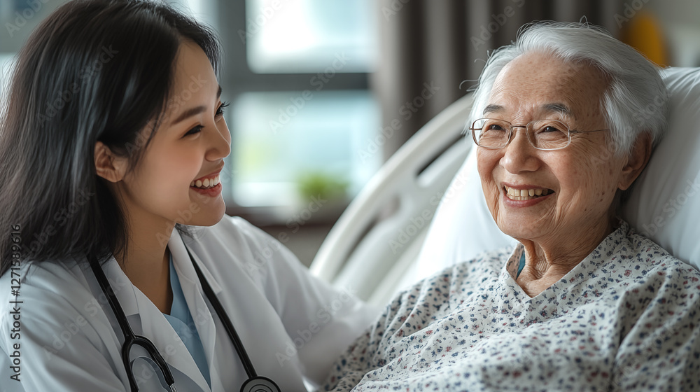 medicine, age, health care and people concept - smiling asian nurse or doctor with senior woman patient in hospital ward medicine, age, health care and people concept - smiling asian nurse or doctor with senior woman patient in hospital ward