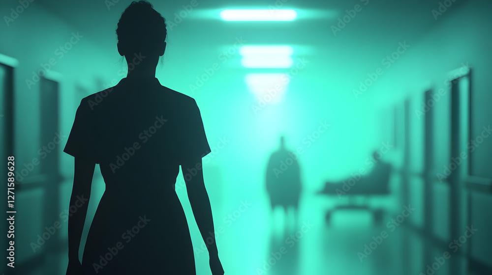 Suspenseful encounter in hospital hallway mysterious eerie ambiance unfolds