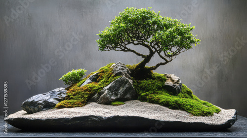 A tranquil Zen garden with carefully raked sand, moss-covered rocks, and a single bonsai tree —ar 16:9  photo