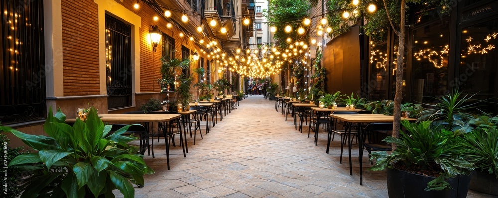 Charming alleyway adorned with string lights and lush greenery for vibrant gatherings. Charming alleyway adorned with string lights and lush greenery for vibrant gatherings.