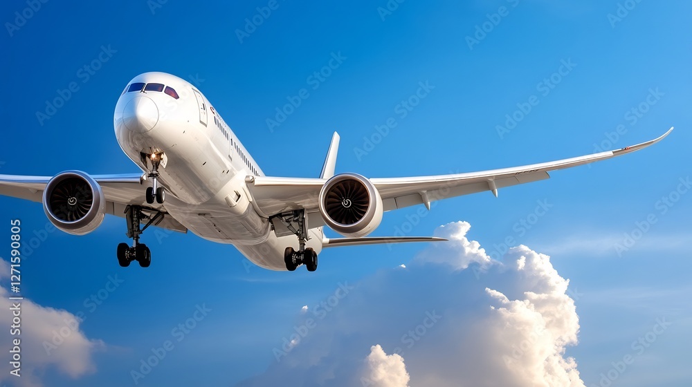 Naklejka premium Airplane smoothly descends through vibrant blue sky puffy clouds. AI Generated