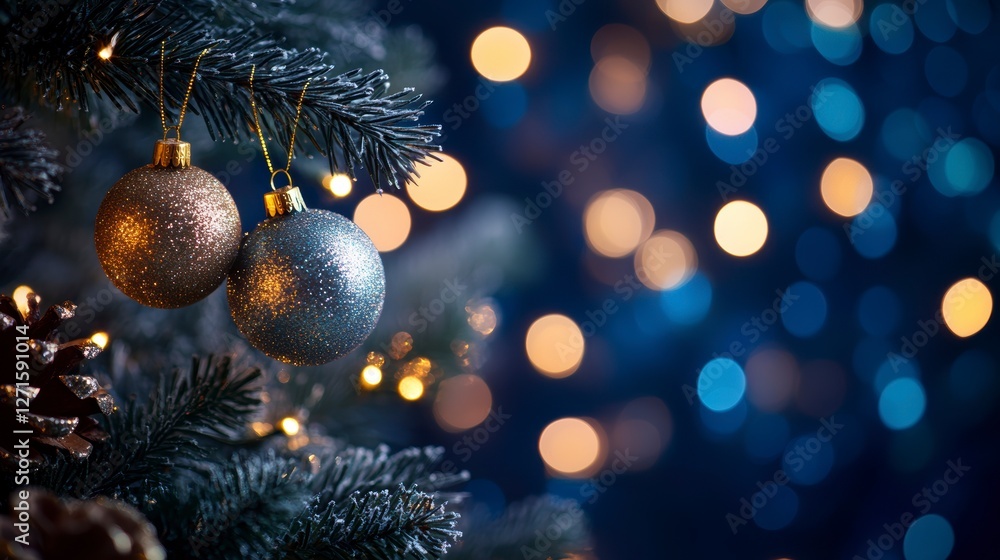 Christmas tree decorations, holiday lights, festive background, for greeting cards or social media Christmas tree decorations, holiday lights, festive background, for greeting cards or social media
