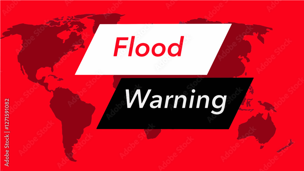 Fototapeta premium Flood warning. A television weather banner, known as an “over the shoulder” is seen with a map of the world showing the United States. Colors are red, black and this is a vector graphic .