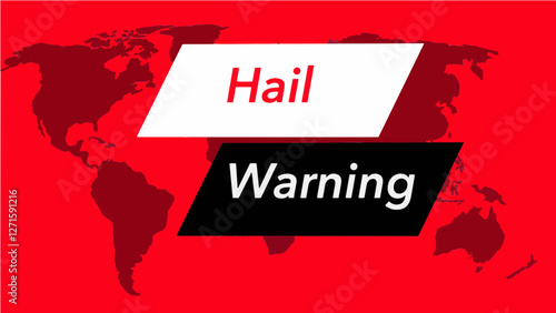 Hail warning. A television weather banner, known as an “over the shoulder”  is seen with a map of the world showing the United States. Colors are red, black and this is a vector graphic .
