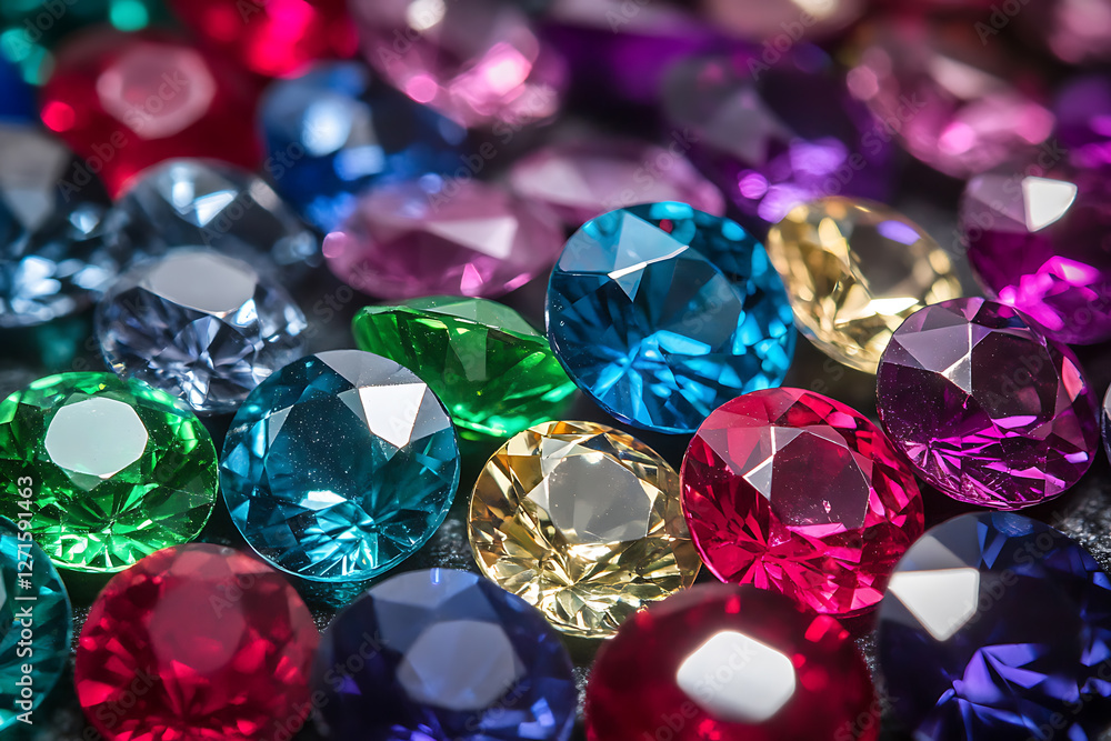 Fototapeta premium colorful gemstones, including sapphire, ruby, emerald, and amethyst, reflecting vibrant light. Their faceted brilliance enhances luxury and elegance. Ideal for jewelry, fashion, and design.