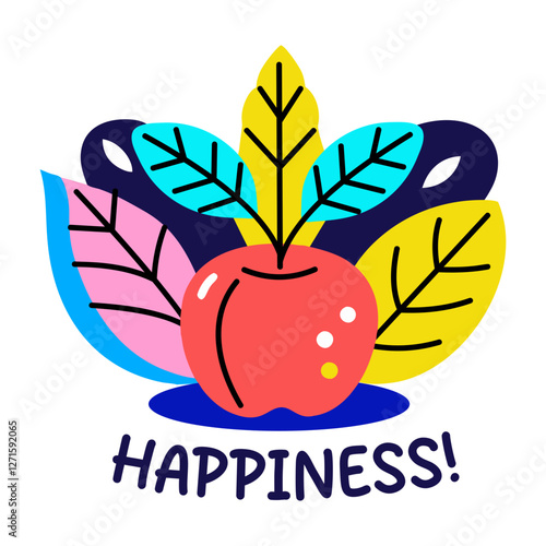 A flat sticker of apple fruit with happiness typography