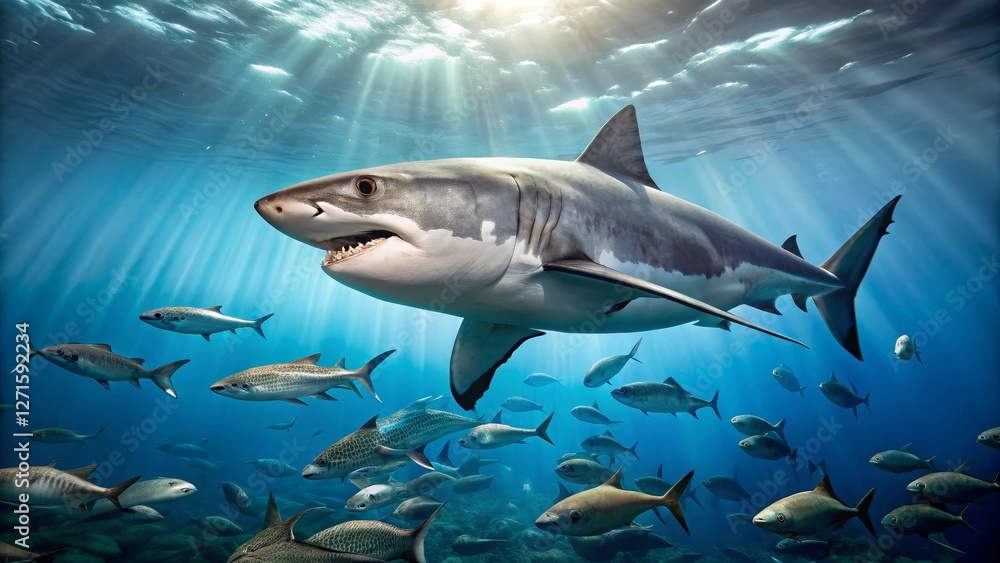 Fototapeta premium Majestic Great White Shark Soaring Through Sunlit Ocean Depths, Surrounded by a School of Diverse Fish