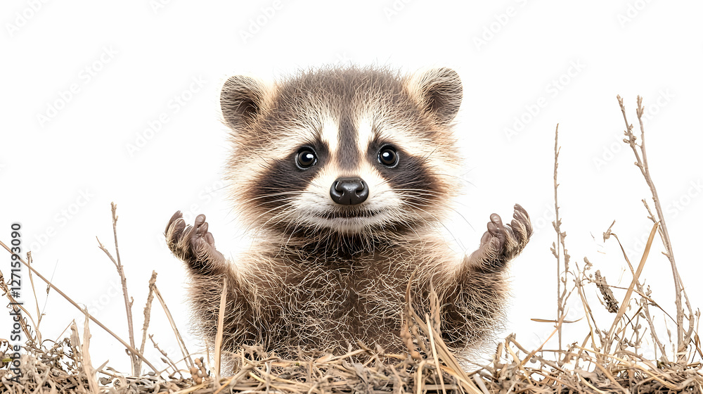Cute baby raccoon peeking from grass, paws up, white background; ideal for children's books Cute baby raccoon peeking from grass, paws up, white background; ideal for children's books